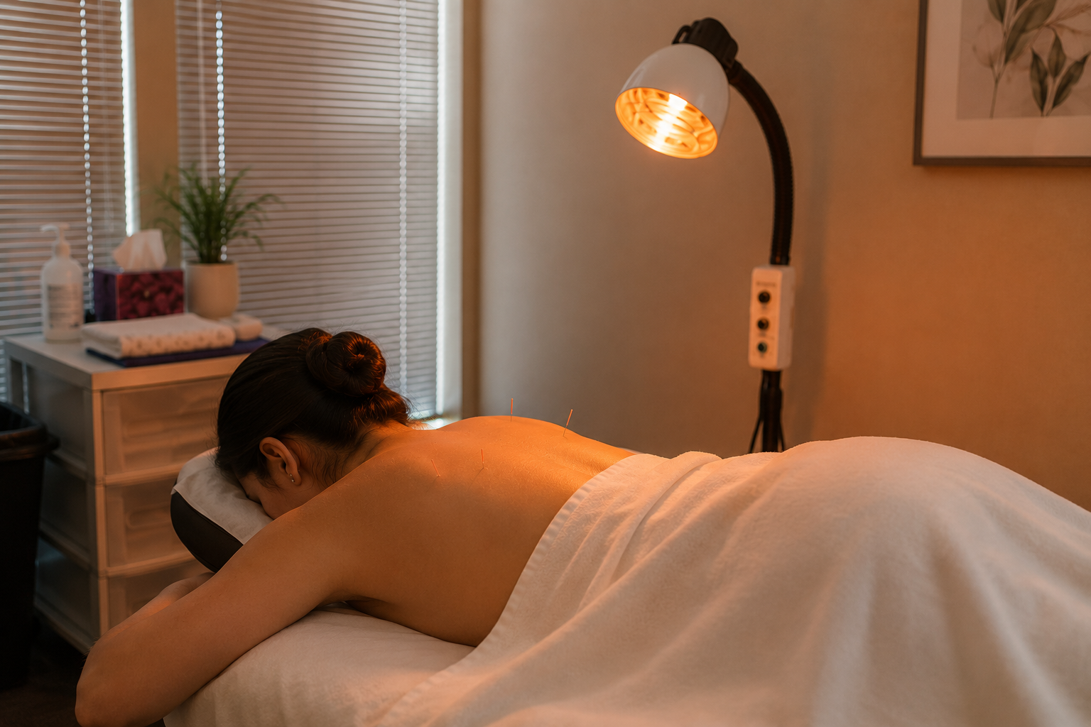 Woman receiving acupuncture on her back while resting on a treatment table under a warm therapeutic heat lamp