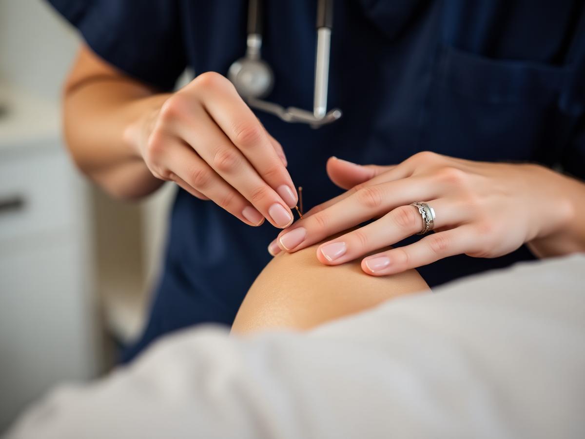 Practitioner placing an acupuncture needle during a treatment